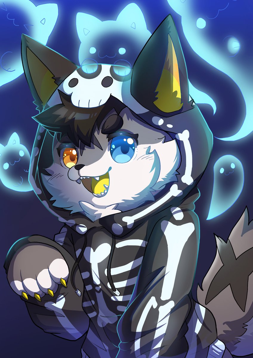 Kzwolf1018's tweet photo. 夜幕降臨，萬鬼聚首。穿著骨骸裝的狼狼，在幽靈們的���伴下，走上百毛夜行的神秘旅程。今晚，誰能看穿它雙色瞳孔中的秘密？ https://t.co/PQb2ct4gmp