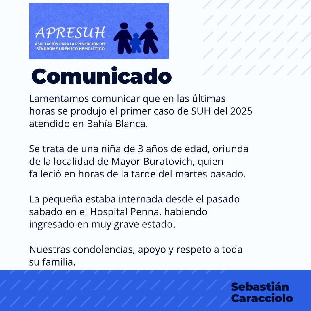 Falleció ayer en el Hospital Penna una niña de 3 años oriunda de Mayor Buratovich que afrontaba Sindrome Uremico Hemolitico. La menor se encontraba internada desde el sábado pasado y lamentablemente no logró recuperarse. Es la primera muerte en Bahía Blanca en este 2025.