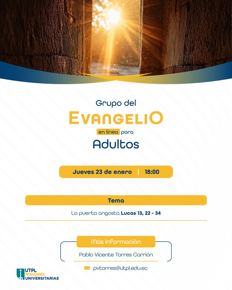 utplmisiones's tweet photo. ¡Únete al #GrupoDeEvangelio!

📖 Sé parte de nuestra sesión semanal del Grupo del Evangelio para Adultos y descubre ¿como ganar el Reino de los cielos?🌅

¡Inscríbete! 👉 https://t.co/rUdFbRf1dp https://t.co/1qvnENUTrU