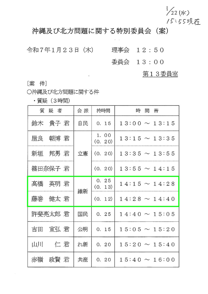 kokkaigiindan's tweet image. 1月23日(木)の所属衆議院議員の質疑予定です。
◇藤巻健太衆議院議員
【沖縄及び北方問題に関する特別委員会】
(質疑予定時間) 14:28～14:40
(内容) 一般質疑
(中継) shugiintv.go.jp/jp/index.php
#維新 #藤巻健太