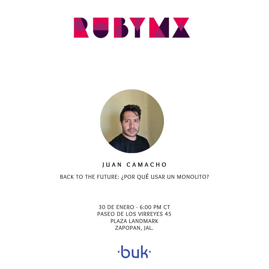 ¡Ya casi es nuestra primera edición del año! No te la pierdas, porque nuestro segundo speaker Juan Camacho nos compartirá todo su conocimiento con la charla Back to the Future: ¿Por qué usar un monolito?

Regístrate aquí: bit.ly/4j5T3tY

Gracias Buk, por todo el apoyo.💙