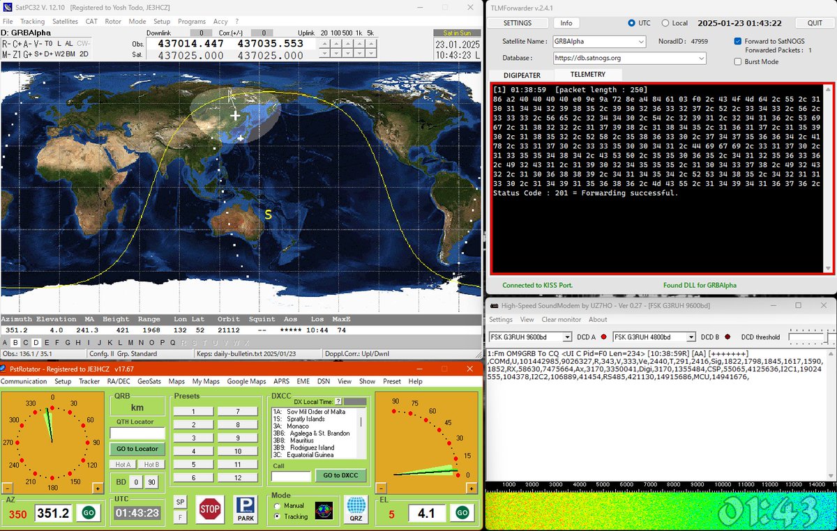 Day_Tripper0's tweet photo. #GRBAlpha path at 2025-01-23 01:34z over Omihachiman Japan.
9600bd / 70cm / HS SoundModem v.0.27
1 telemetry packet forwarded to @SatNOGS DB.
#hamradio #hamr #amsat #hczsatlog https://t.co/bIFSVgpZxv