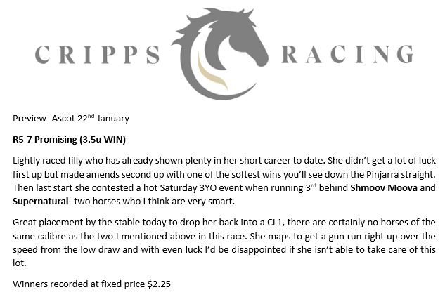 Daniel Cripps (@crippa_92) on Twitter photo Short head off a fill up yesterday but a good day none the less for <a href="/CrippsRacing/">Cripps Racing</a> after Promising bolted inโ
No bets today but after that we've got 7 metro/provincial meetings in the next 10 days๐
No lock in contracts, cancel anytime. Give it a go๐
crippsracing.com/membership Short head off a fill up yesterday but a good day none the less for <a href="/CrippsRacing/">Cripps Racing</a> after Promising bolted inโ
No bets today but after that we've got 7 metro/provincial meetings in the next 10 days๐
No lock in contracts, cancel anytime. Give it a go๐
crippsracing.com/membership