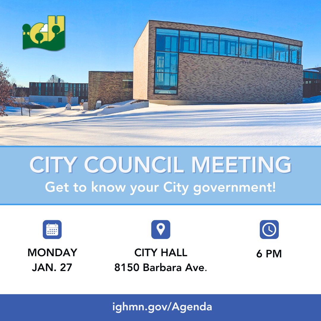 The City Council meets on Monday, Jan. 27 at City Hall at 6 p.m. To view the agenda and learn how to participate in the meeting, visit: ighmn.portal.civicclerk.com/event/1985/fil…

📺You can also watch the meeting live on Xfinity Ch. 14/799 HD, or stream at townsquare.tv/webstreaming

#myigh