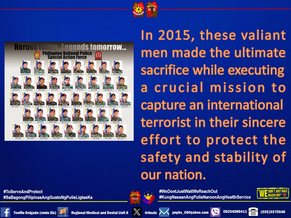 rhssix's tweet photo. DAY OF NATIONAL REMEMBRANCE FOR THE GALLANT SAF 44.

#WeDontJustWaitWeReachOut
#KungNasaanAngPulisNaroonAngHealthService
#SaBagongPilipinasAngGustoNgPulisLigtasKa
#ToServeAndProtect https://t.co/OBzjJODOdB
