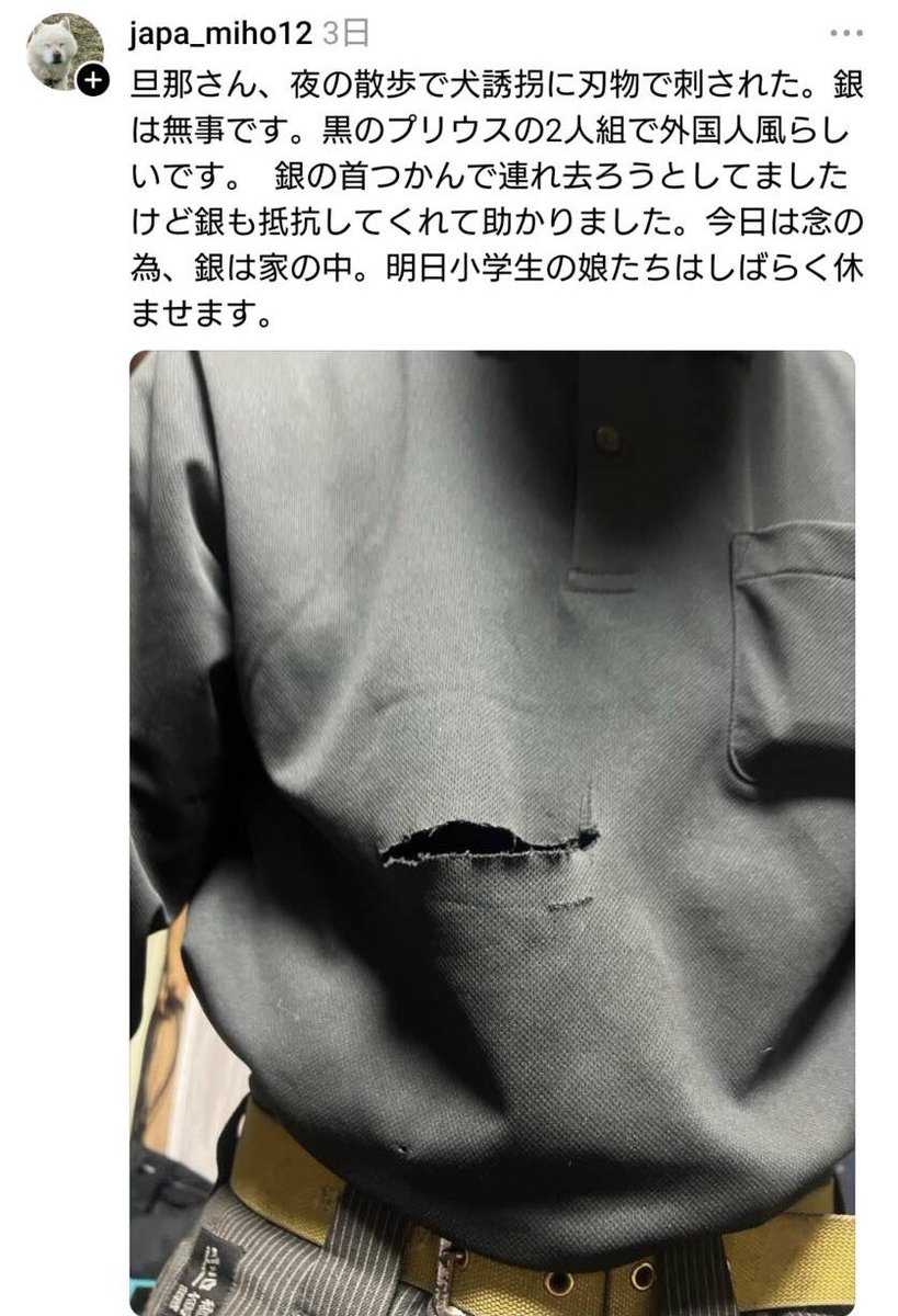 takashisawaki's tweet photo. とうとう日本でも、人を襲ってまで犬を盗もうとする輩が現れ始めた！？

移民は反対です
技能実習生という名の、低賃金奴隷制度も反対です https://t.co/p4dKfadnCI