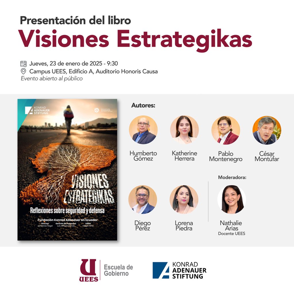 KathaHerreraA's tweet photo. Me llena de alegría compartir con ustedes el lanzamiento de mi segundo libro: Visiones Estratégikas: Reflexiones sobre Seguridad y Defensa. En esta ocasión, tengo el honor de ser autora junto a destacados académicos en Ecuador y profesionales del ámbito de la seguridad.

Este libro es el resultado de un arduo trabajo desarrollado por la Red de Estudios Estratégicos, Seguridad y Defensa, bajo el liderazgo de la Fundación Konrad Adenauer (@kas_ecuador ).

Quedan cordialmente invitados al evento de lanzamiento, que se llevará a cabo mañana, jueves 23 de enero, en la @uees_ec en la ciudad de Guayaquil. ¡Los esperamos! Y bienvenidos sus comentarios y aportes.

#mujeres haciendo seguridad #seguridadydefensanacional #libro  #academia