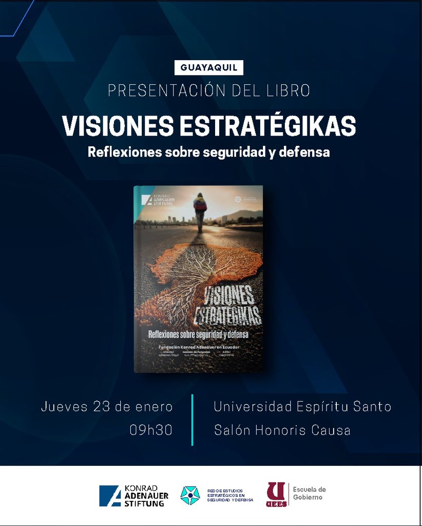 KathaHerreraA's tweet photo. Me llena de alegría compartir con ustedes el lanzamiento de mi segundo libro: Visiones Estratégikas: Reflexiones sobre Seguridad y Defensa. En esta ocasión, tengo el honor de ser autora junto a destacados académicos en Ecuador y profesionales del ámbito de la seguridad.

Este libro es el resultado de un arduo trabajo desarrollado por la Red de Estudios Estratégicos, Seguridad y Defensa, bajo el liderazgo de la Fundación Konrad Adenauer (@kas_ecuador ).

Quedan cordialmente invitados al evento de lanzamiento, que se llevará a cabo mañana, jueves 23 de enero, en la @uees_ec en la ciudad de Guayaquil. ¡Los esperamos! Y bienvenidos sus comentarios y aportes.

#mujeres haciendo seguridad #seguridadydefensanacional #libro  #academia
