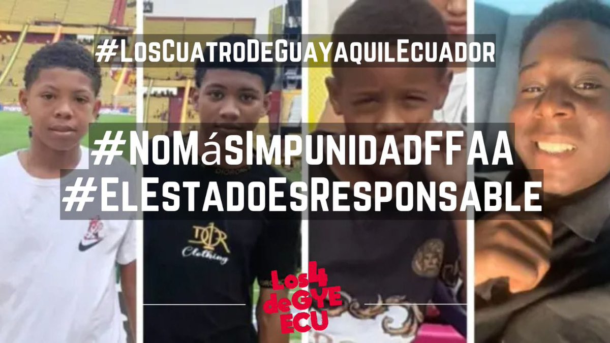 En memoria de Steven, Josué, Ismael y Nehemías, exigimos que los jueces actúen con probidad y apegados a la ley, reconociendo y sancionando a quiénes atentaron contra los DDHH en Ecuador <a href="/FFAAECUADOR/">Fuerzas Armadas del Ecuador</a>
#ElEstadoEsResponsable
#NoMásImpunidadFFAA
#LosCuatroDeGuayaquilEcuador