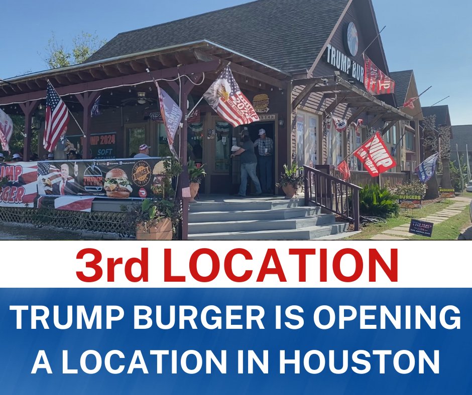RustySuretteTV's tweet photo. 🍔The Trump Burger restaurant born in Bellville, TX is expanding to its 3rd location. The Houston Chronicle says one will open soon on Chimney Rock Road in Houston. The second location is in Flatonia. https://t.co/vEqBc1K2ra