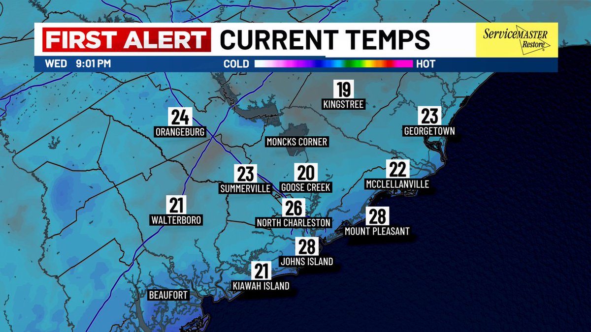 Close to record low temperatures are possible tonight as areas are already dropping into the teens!  Stay off the roads as melted snow/sleet from today is refreezing.  Be safe!  #chswx