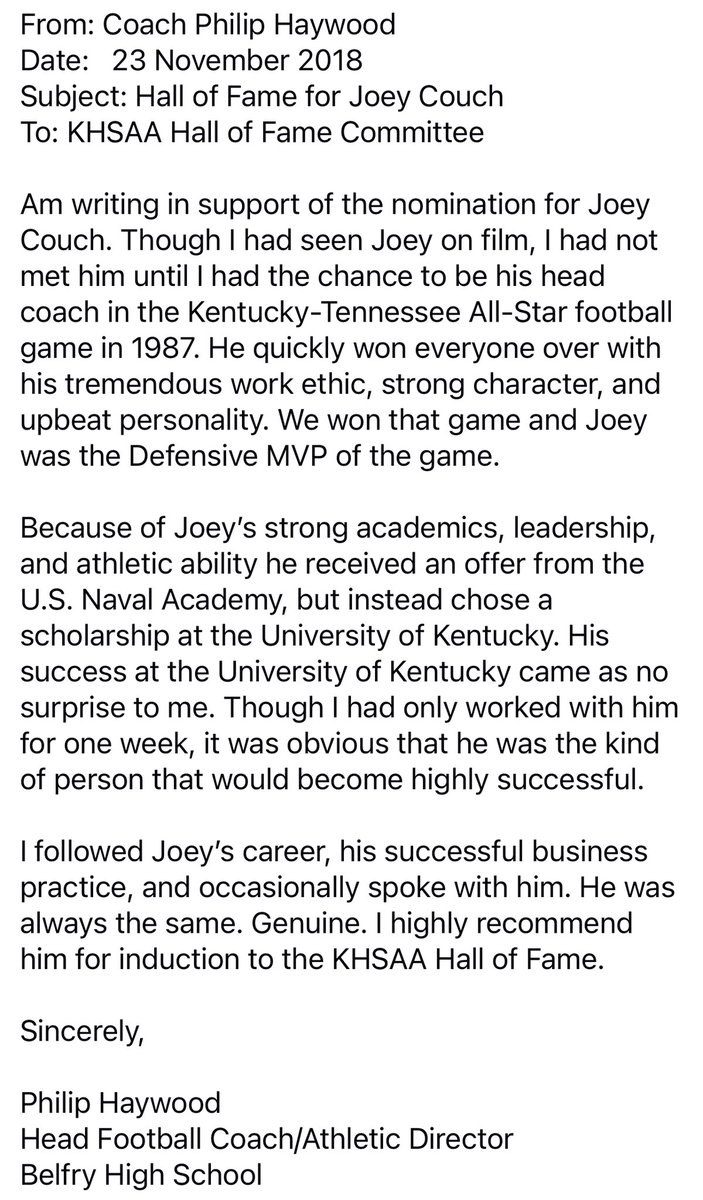 Am saddened by passing of KY’s all-time winningest high school football coach, eastern KY’s Philip Haywood. Will always be grateful to him for writing the following letter in 2018 for my younger brother Joey. The letter says a lot about the high quality of both of them.