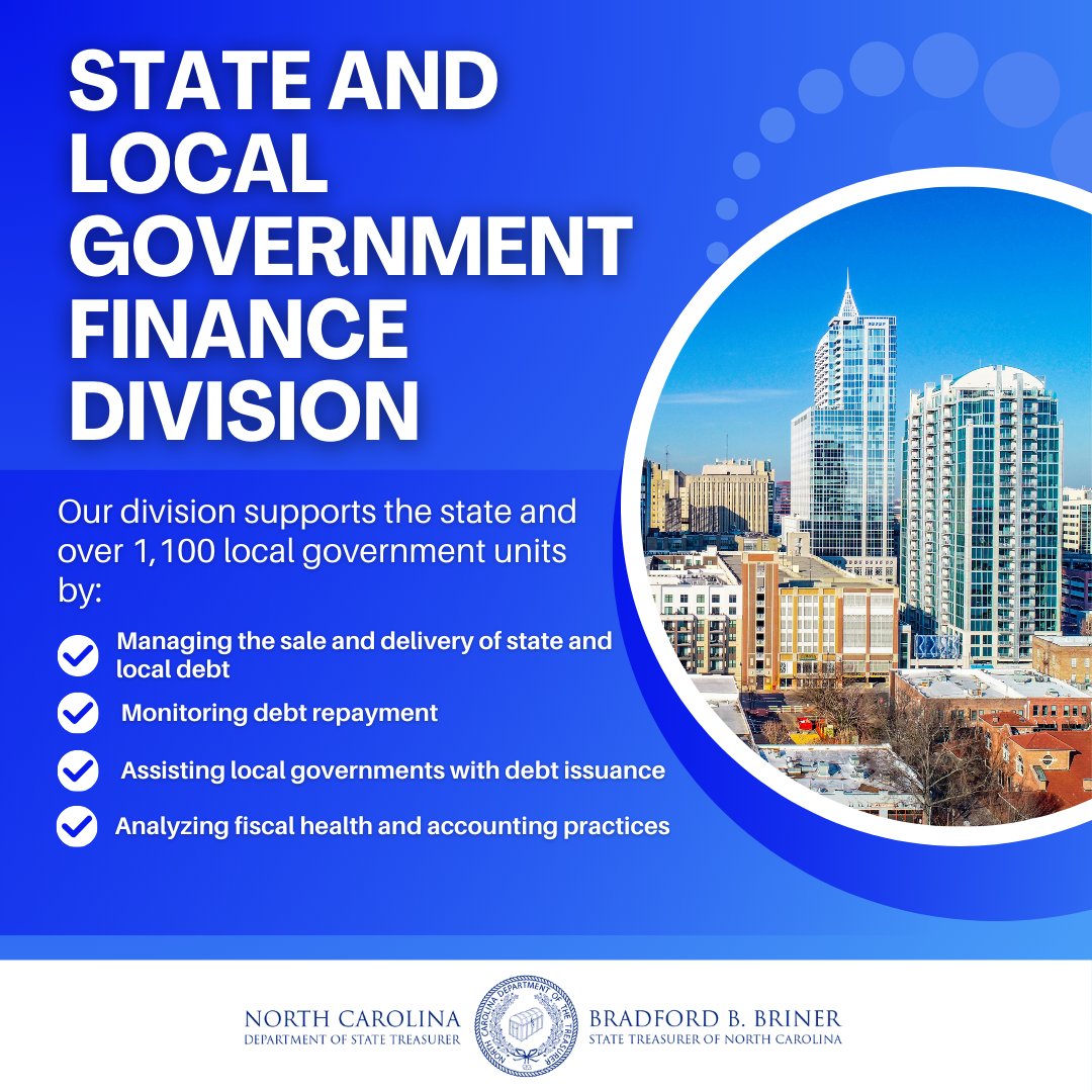 NCTreasurer's tweet photo. The State and Local Government Finance Division proudly serves as staff to the Local Government Commission, NC Capital Facilities Finance Agency, and Debt Affordability Advisory Committee.

#FiscalHealth #DebtManagement #LocalGovernment #NCFinance #StateTreasurer #PublicFinance https://t.co/57WwMuytJO