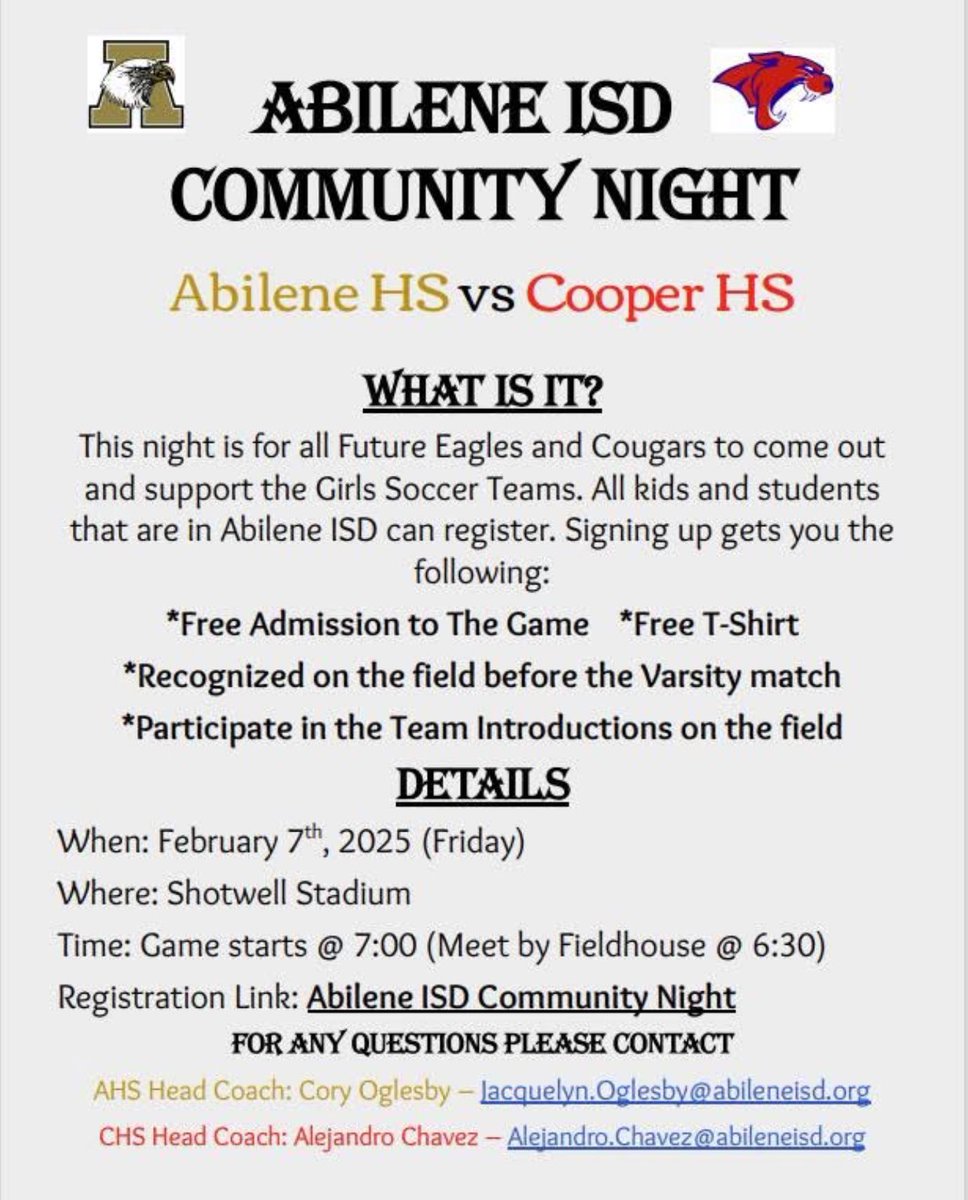 ⚡️ Crosstown Showdown ⚡️

Get ready for an electrifying night of community spirit! ⚽️

Join us for the Abilene High vs. Abilene Cooper Soccer match!

When: Feb. 7, 2025
Where: Shotwell Stadium
Time: 7:00 PM  Meet:6:30PM

Link to sign up:
docs.google.com/forms/d/e/1FAI…
