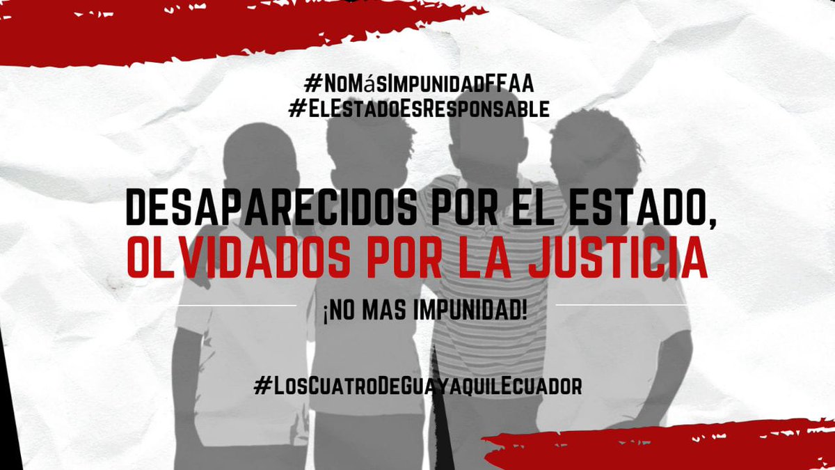 Ismael, Josué, Steven y Nehemías, tenían que seguir jugando en las calles de las Malvinas, seguir soñando al igual que sus compañeros de clases, al igual que cualquier niño. ¡Exigimos justicia para #LosCuatroDeGuayaquilEcuador!
#ElEstadoEsResponsable
#NoMásImpunidadFFAA