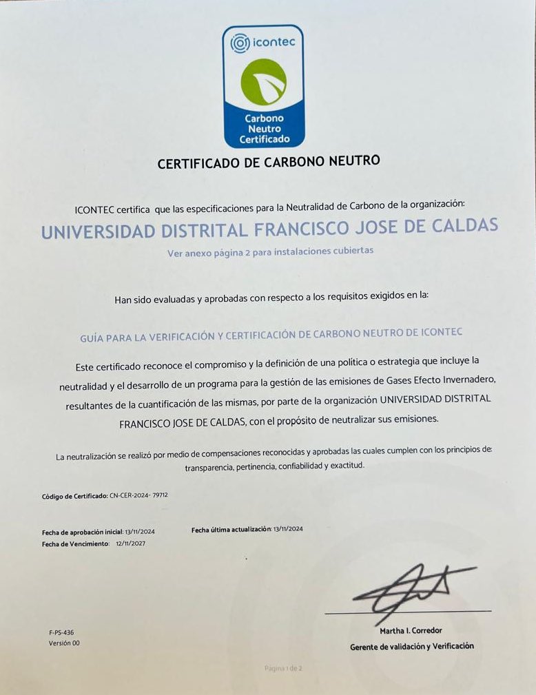 gtarazona1's tweet photo. Con gran satisfacción y orgullo, hoy recibimos el reconocimiento de ser la primera universidad pública colombiana acreditada en Alta Calidad que recibe certificaciones de Carbono Neutro e ISO 14001:2015. 

Estos prestigiosos documentos, que son otorgados por el @ICONTEC y por @IQNetHeadoffice, reafirman nuestro compromiso institucional con la
sostenibilidad y la gestión ambiental responsable. 

Nuestra @udistrital sigue a la vanguardia y se consolida como un referente en la gestión ambiental dentro del ámbito de la educación superior en Colombia.