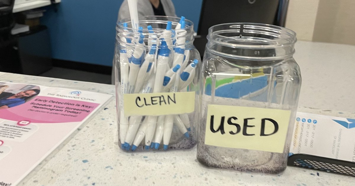 Covid does not care about your pens. It is airborne. Wear respirators and put Hepa filters in your waiting room and exam rooms
