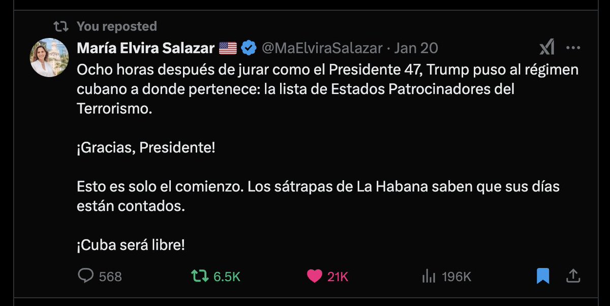 _Hagamos_Patria's tweet photo. A LAS 8hrs del Gobierno de @realDonaldTrump Cuba fue declarada un estado patrocinador del TERRORISMO, PORQUE LO HA SIDO DESDE LOS AÑOS 60, sino antes.
Lo Cual #Ratifica a #Petro como otro patrocinador del #Terrorismo dado que hace poco andaba mandando ayudas al regimen Cubano.
@PibasLibertad @EliorCymbler @maomolina1 @biolucho2005 @BenedictoLozano @Colombianota01 @_Rodriguez_667 @AdamSmithFree @brisa7766433br1 @DMmxxii @TruthOther @Colombi86542069 @NanaTorres27 @RamiroR67291795 @derechasinlimit @SusanaGarzon3 @claudita1956 @maridelas18 @claudita1956 @Alfarero30R @Hady_hqa
@RamiroR67291795 @derechasinlimit @SusanaGarzon3 @Fennix73 @Ohrwurm14 @supercatrina66 @AndresOSLO_
@maridelas18 @claudita1956 @Alfarero30R @Hady_hqa
https://t.co/qE2qEag8Ef