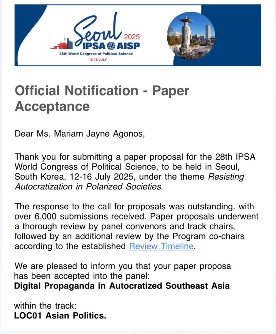 Paper proposal for a panel on Asian Politics has been accepted for presentation at the IPSA World Congress for Political Science in Seoul 🫶🏻 will be my first time joining a PolSci confe 😨