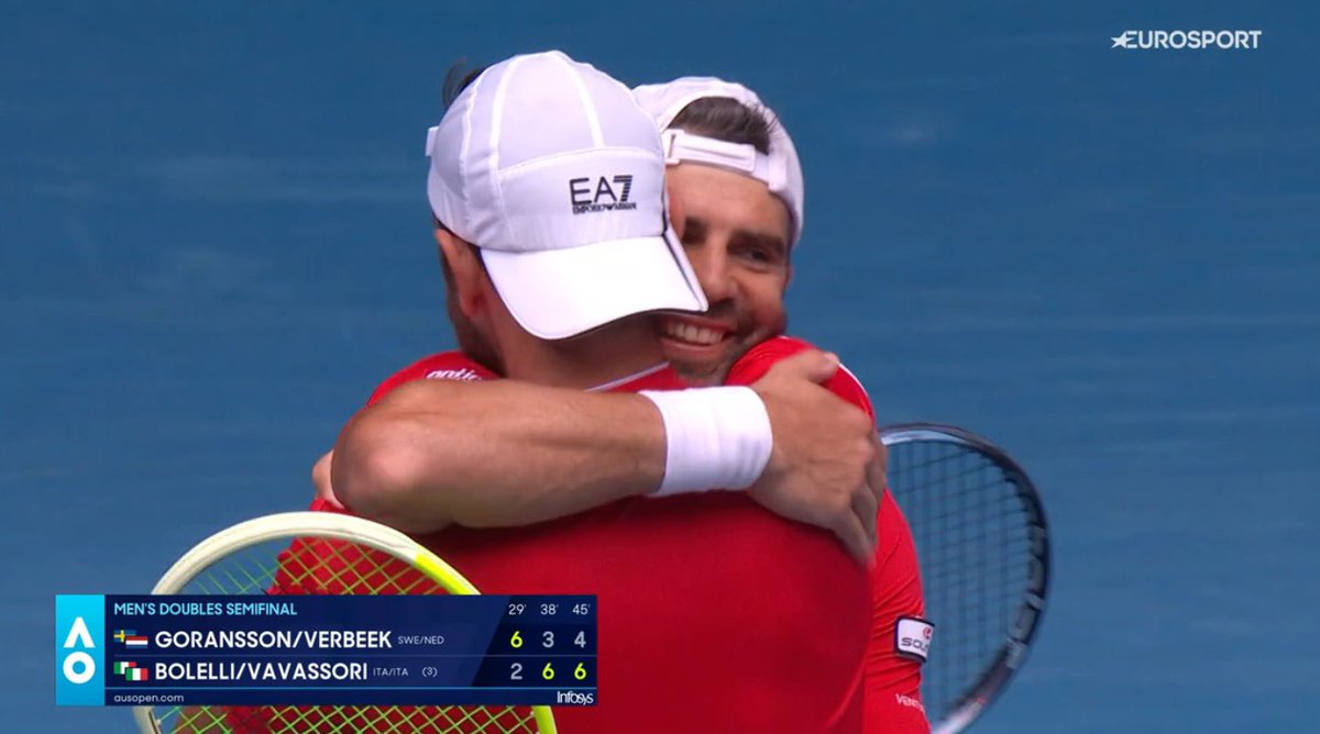 edgeAIapp's tweet image. Andrea Vavassori &amp;amp; Simone Bolelli (3) come back from a set down to defeat Andre Goransson &amp;amp; Sem Verbeek 2-6, 6-3, 6-4

Back to back #AusOpen finals for the Italian duo, upped their serving in the last 2 sets while opponents dropped theirs in the 3rd.

3d time lucky for Vavassori?