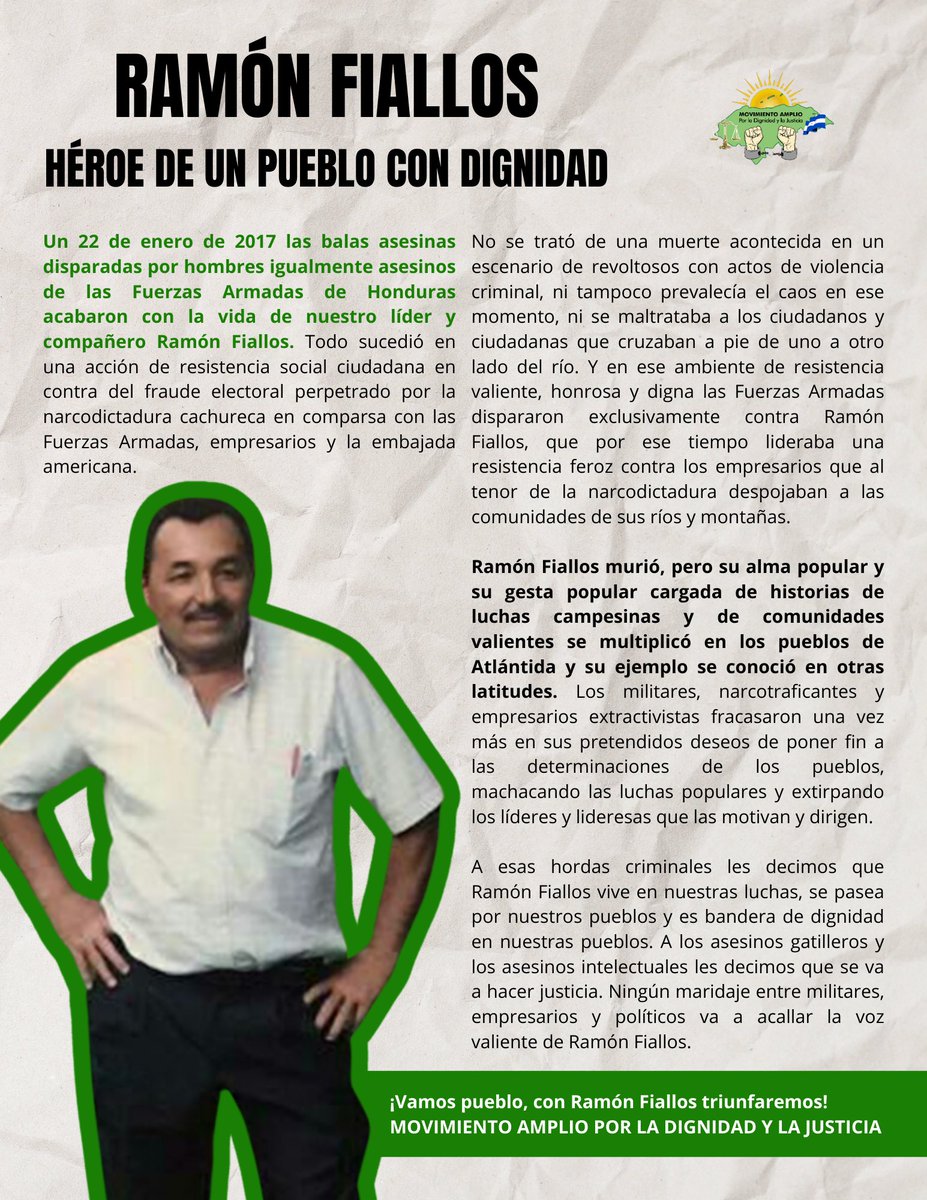✊Conmemorando la vida de Ramón Fiallos

Hoy recordamos con orgullo a nuestro compañero Ramón Fiallos, líder y defensor incansable de los derechos de su pueblo. Su vida fue arrebatada por las balas de la represión, pero su lucha sigue viva en cada resistencia contra la injusticia