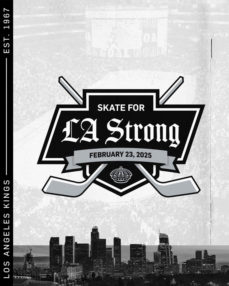 LAKings's tweet photo. Together we are LA Strong 🖤 

We’re teaming up with the @NHL to host a celebrity and NHL All Star Alumni hockey game benefitting the LA Fire Relief Fund. All available tickets for the event will be distributed to local firefighters, first responders and those displaced by the historic and devastating wildfires.

📲 https://t.co/fW6YuWFIWJ | #Hockeywood