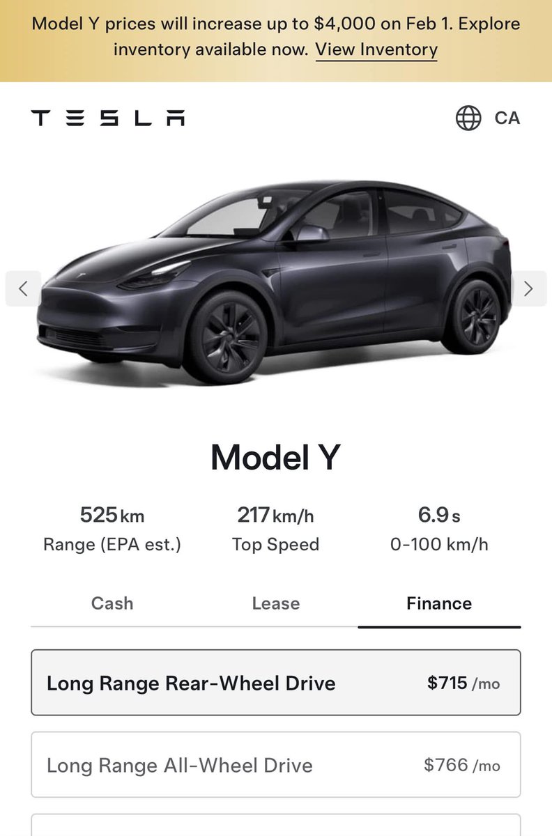 DriveTeslaca's tweet photo. BREAKING: @Tesla has updated their website to announce all models will be seeing a price increase in Canada on Feb 1. 🇨🇦 

•Model 3 LR RWD +$4,000
•Model 3 LR AWD +$8,000
•Model 3 Performance +$9,000
•Model Y (all trims) +$4,000
•Model S (all trims) +$4,000
•Model X (all trims) +$4,000