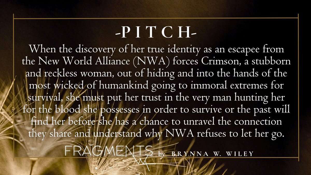 Brynna_W_Wiley's tweet photo. Fresh pitch!
FRAGMENTS is an 87K word adult, grounded science fiction told in a dual POV by Crimson, a reckless escapee haunted by fragmented memories of her past, and her Hunter, Hawke, a morally gray man with double allegiances.
#YouDeservepIt #Q #A #SF https://t.co/dnrD2Ioadf