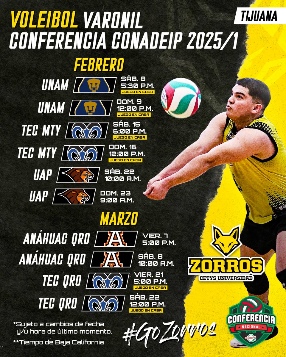 ZorrosCetys's tweet photo. ¡ELLOS ESTÁN LISTOS!
Sigue a Zorros Varonil en la segunda parte de la temporada de la Conferencia CONADEIP.
Nos vemos en el Gimnasio-Auditorio "Rodrigo Valle Hernández" y en las giras, rumbo al Final Four 2025.
#GoZorros
#VoleibolCONADEIP #volleyball #pallavolo https://t.co/Irw2UUrEAn
