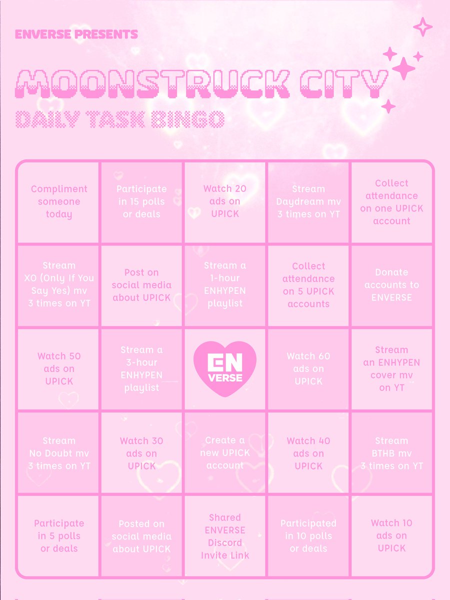 MoonstruckCity's tweet photo. :¨ ·.· ¨:
  `· . 🌙 𝓓𝓪𝓲𝓵𝔂 𝓣𝓪𝓼𝓴 𝓑𝓲𝓷𝓰𝓸 ✨
˚₊ · »-♡→ january 23, 2025 ⨯ . ⁺

just the two of us,

🩷 complete 4 tasks
🎀 post your card with #ENonUPICK  #ENVERSEBattle #MoonstruckCity
🎀 invite others to join!

깊어져 가는 𝓶𝓸𝓸𝓷𝓼𝓽𝓻𝓾𝓬𝓴 ☾⁺ ✦ ⊹ . * https://t.co/DWLTY2c7Di