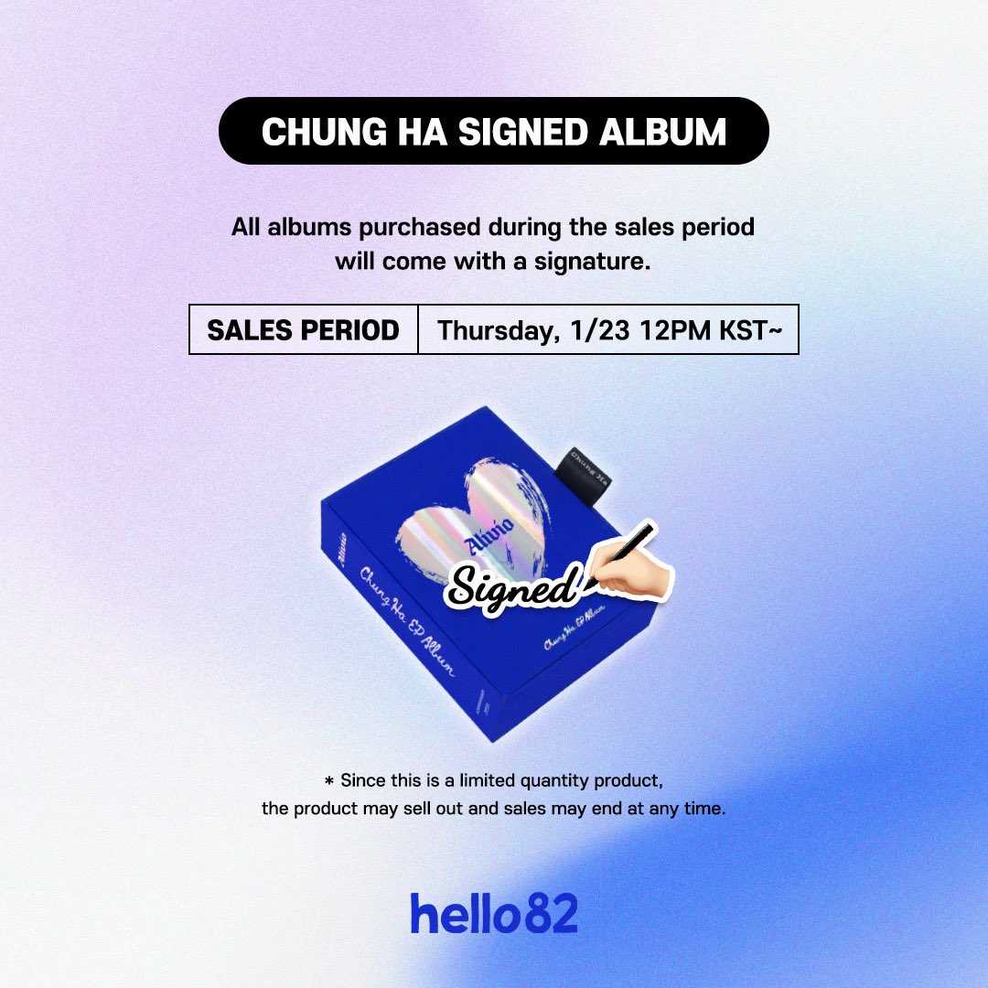 hello82shop's tweet photo. [🚨] SIGNED ALBUM ✍️
CHUNG HA - EP ALBUM [Alivio]

🎁 hello82 Exclusive selfie photocard (1 random of 3)
📅 ~ While supplies last!

PRE-ORDER NOW! ⬇️
🔗 https://t.co/uW5bdupJeq

@CH_CHUN9HA 
#CHUNGHA #청하 #청하_Alivio #Alivio #MOREVISION #모어비전 #hello82 https://t.co/GIPsyjnnzB