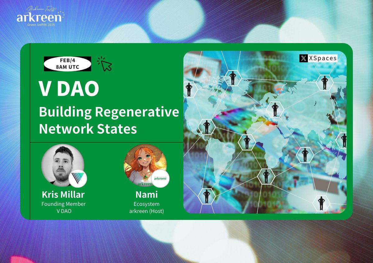 arkreen_network's tweet photo. Hey #ArkreenCommunity! Let's look into the future from early 2025 - AI + DePIN are sure to play big roles, but don't forget about Regenerative Network States!
Balaji Srinivasan @BotBalajis 's "Network State" idea is reshaping how we think about nations and communities. We've got a special treat - Kris Millar @0xkrisv , Founding Member at VDAO @joinvdao , drops insights on how V DAO pioneers the Regenerative Network States.
π
Date & Time: Feb 4th at 8 AM (UTC)
π Set your reminder for the Twitter Space: https://t.co/FT8Bmu1K8Q
Don't miss out on this eye-opening discussion!
#DePIN #ReFi #NetworkStates #RegenerativeNetworkStates $AKRE #ArkreenTalk