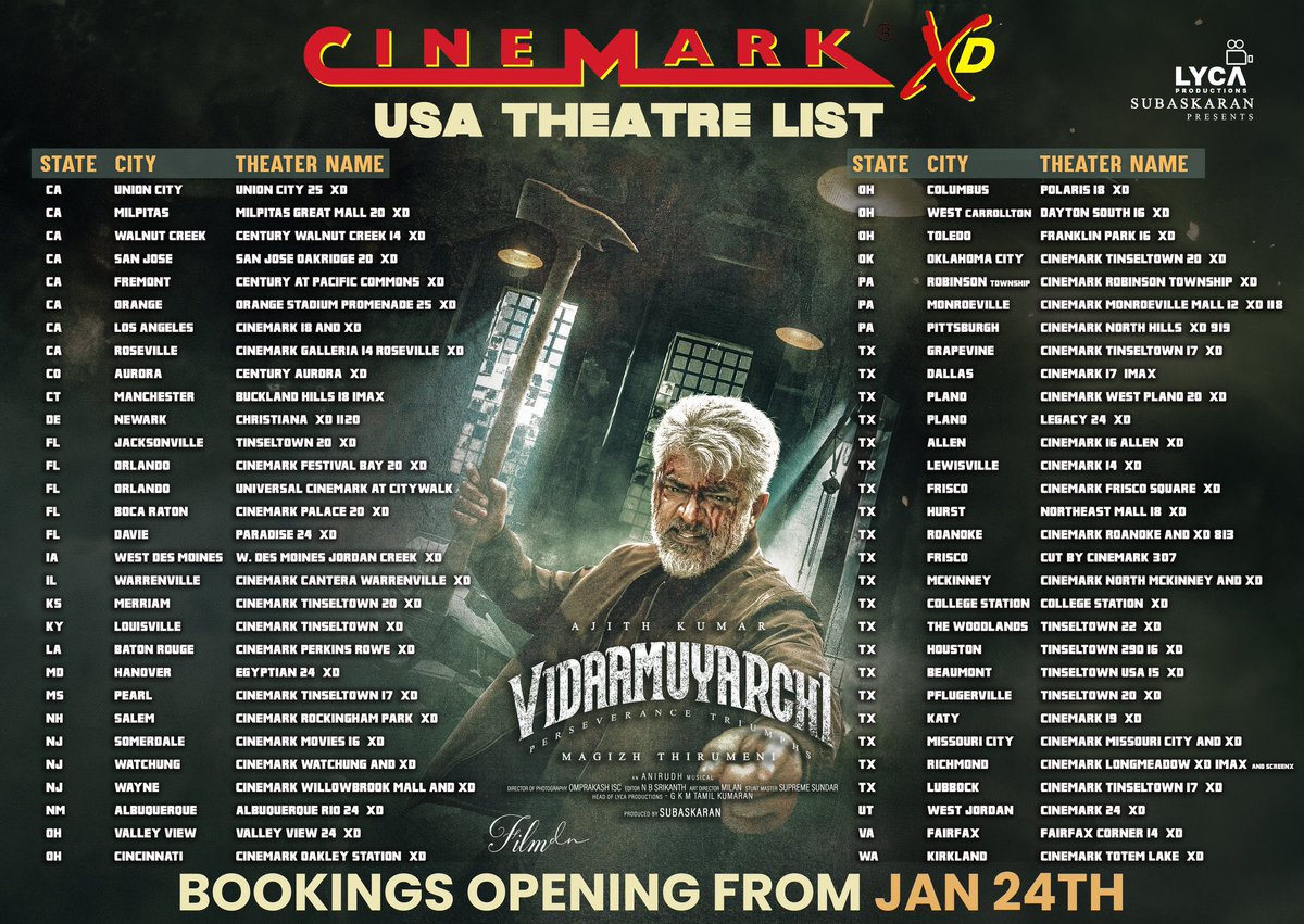 Chrissuccess's tweet photo. #Vidaamuyarchi USA

Cinemark Theatre List! https://t.co/iZ1kncCpOa