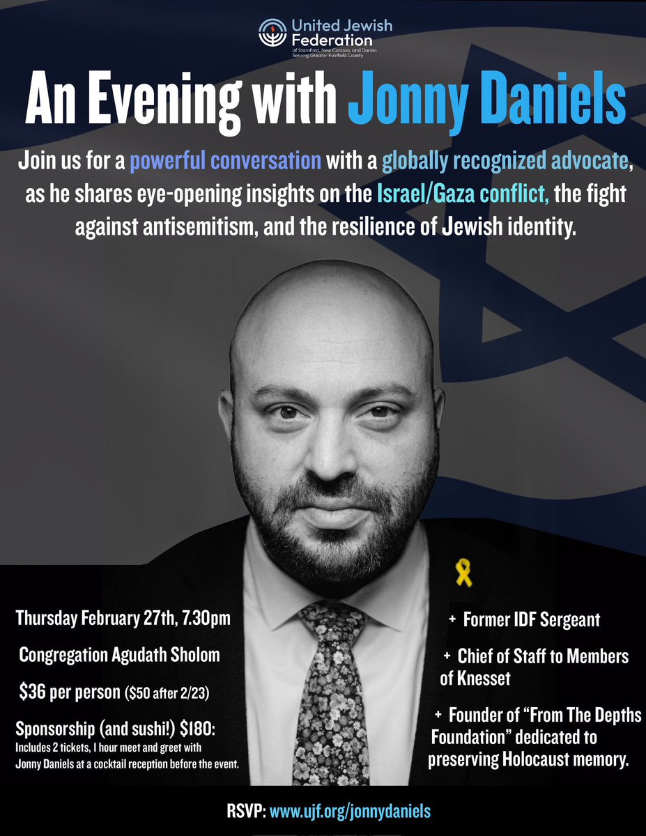 #UJF is SO EXCITED to be bringing <a href="/MrJonnyDaniels/">Jonny Daniels</a> to #Stamford #CT, for what promises to be an unforgettable and powerful evening. Don’t miss this incredible opportunity to hear from one of #Israel ’s greatest #advocates! 💙 

Register now: ujf.org/jonnydaniels