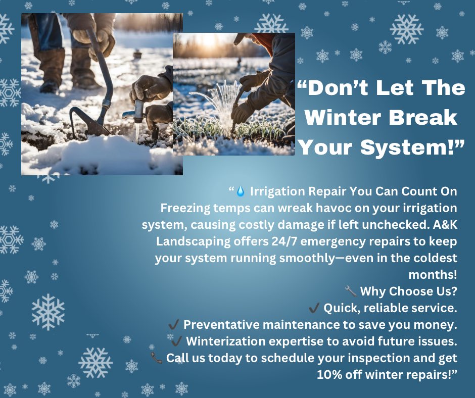 dia48695's tweet photo. #IrrigationRepair #EmergencyRepairs #IrrigationSystem #ColdWeatherReady #LandscapingExperts #SnowSeasonSolutions #ReliableService #AandKLandscaping #IrrigationMaintenance #FreezeProof #SaveMoney #QuickRepairs #ProfessionalService #LandscapeCare https://t.co/UGYT9RtKab