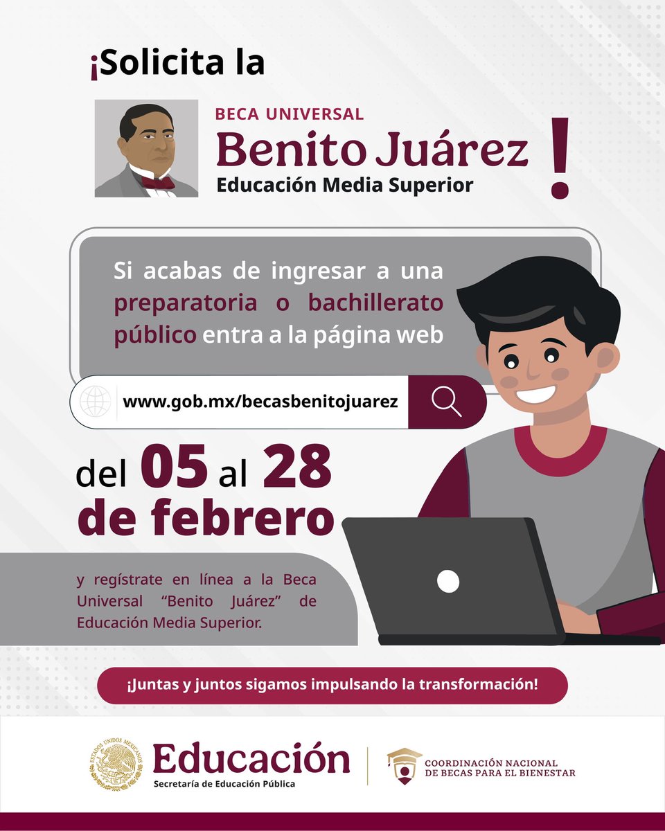 Si eres estudiante de alguna preparatoria o bachillerato público y te interesa la Beca Universal #BenitoJuárez de Educación Media Superior… 

Aquí te dejamos cómo podrás solicitarla👇🤓

🔗 gob.mx/becasbenitojua…