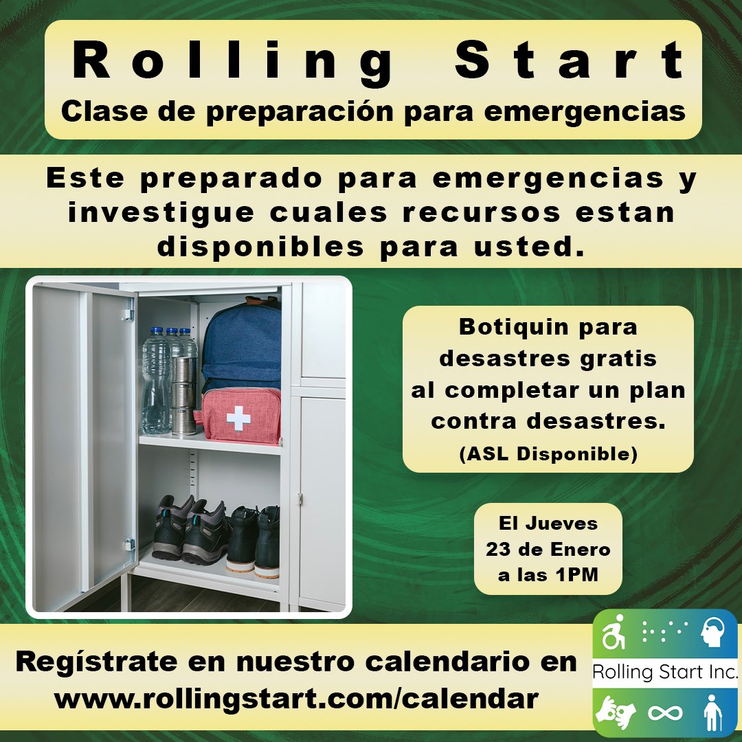 RollingStartInc's tweet photo. Clase de #PreparaciónParaEmergencias
Prepárese para emergencias y conozca los recursos disponibles. ¡Reciba un kit de desastre gratis!
El Jueves 23 de Enero, 1PM, en nuestra oficina de San Bernardino.
Regístrese en https://t.co/c0KJVqkBxb
#DDAR #DAFN #gobag #listo https://t.co/TyTHIvAJ8r