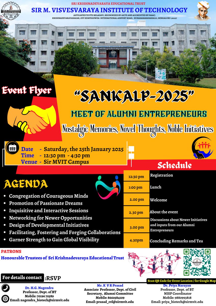 MVisvesvaraya's tweet photo. Seasons Greetings from Sir M Visvesvaraya Institute of Technology, Bangalore.
Wishing you a Very Successful 2025 !
"MEET of ALUMNI ENTREPRENEURS - SANKALP 2025", scheduled for Saturday, the 25th of January 2025 from 12.30PM onwards. https://t.co/YgFbvKOcyA