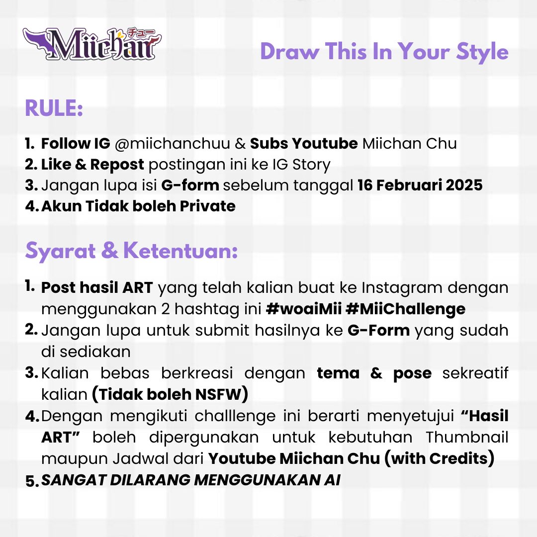 Special 5k Subscriber di Youtube,
Mii ngadain ✨DTIYS Giveaway Challenge✨

Buat kalian yg pengen dapet hadiah + uang tunai? Yuk ikutan DTIYS Challenge #woaiMii #MiiChallenge

Untuk rule, syarat &amp; Ketentuan bisa di cek dulu ya..

Periode: 23Jan-16 Feb 25