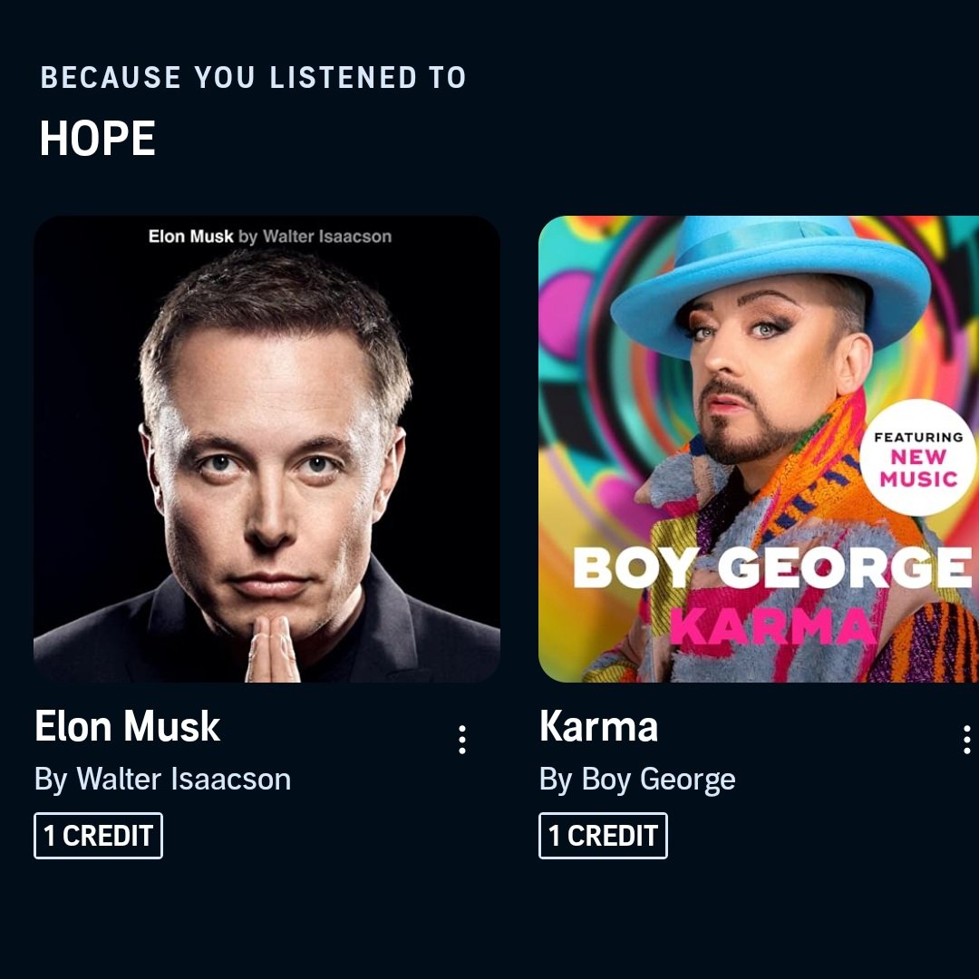 RafaBasset's tweet photo. Ahh yes, Audible. Because I listened to the Pope's autobiography, I am also interested in Elon Musk and Boy George 😂
(I ADORE @BoyGeorge but it's an odd connection to make) https://t.co/SoEzRENrgQ
