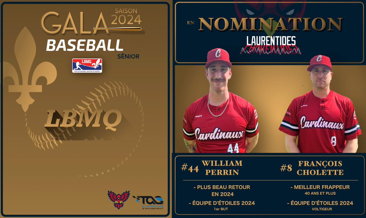 christianmarcge's tweet photo. Félicitations à William Perrin et François Cholette de nos @CardinauxSt pour leurs belles nominations au Gala #LBMQ Saison 2024. Le gala aura lieu ce samedi. #LigueDeBaseballMajeurDuQuébec #Cardinaux #Laurentides #BaseballSenior https://t.co/OSW0HoaLkX