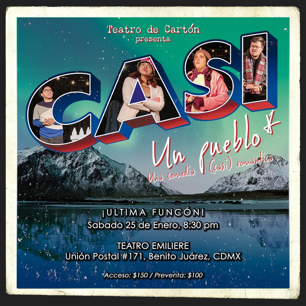 Migrartes1's tweet photo. Última función 

Casi, un pueblo*

Sábado 25 de enero 8:30 pm

Por solo 100 pesos.

Deja tu nombre y da RT para mantener el precio de preventa https://t.co/wDOVlVaJuJ