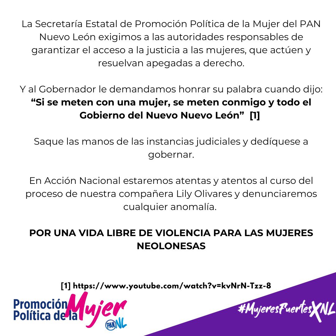 El Gobernador de Nuevo León solo da la cara por las mujeres afines a su partido.
Ya se le olvidó que él prometió un día defendernos a TODAS.  
youtube.com/watch?v=kvNrN-… 

🟣 Por una vida libre de violencia para las mujeres Neolonesas. <a href="/LilyOlivaresC/">Lily Olivares</a>