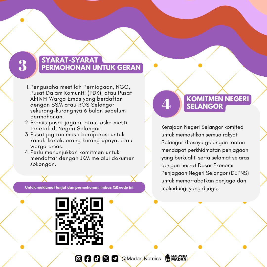 "Geran ini diperkenalkan bagi memastikan golongan rentan seperti kanak-kanak, warga emas, dan OKU mendapat penjagaan yang berkualiti serta selamat."

Kerajaan Negeri Selangor menawarkan Geran Pusat Jagaan sehingga RM5,000 untuk membantu pengusaha taska serta pusat jagaan warga