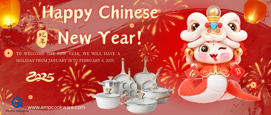 🎆🐍 Happy Chinese New Year! 🎉
We're celebrating the Year of the Snake! 🎊 EMP Cookware will be on holiday from Jan 28 to Feb 4, 2025.
Here's to a bright and prosperous 2025 ahead! 
Explore more 👉 empcookware.com
#ChineseNewYear #LunarNewYear  #Cookware  #aluminum