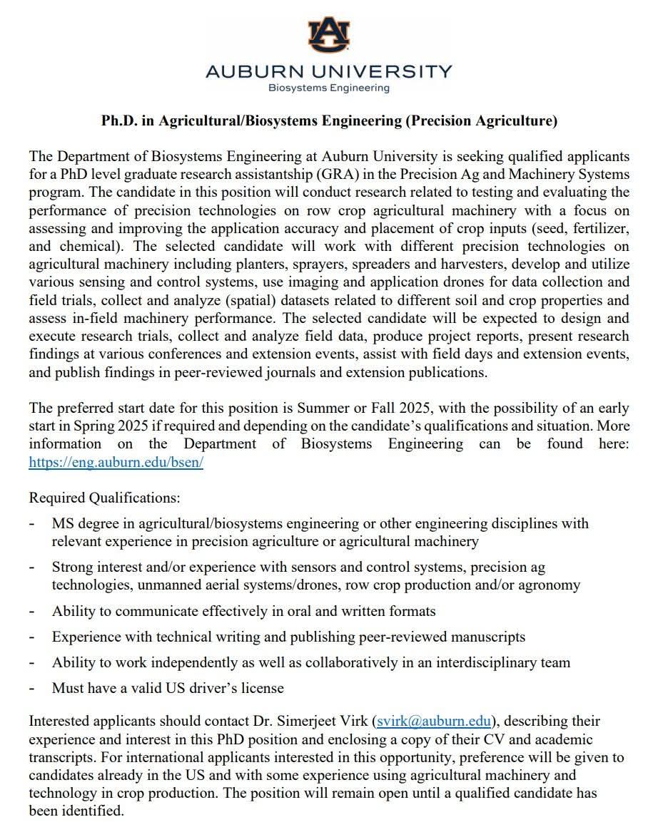drdemola01's tweet photo. 🎓 PhD Positions in Agricultural/Biosystems Engineering 🎓

Location: Auburn University, United States.

See the flyer for more details.

#research #GraduateStudies #PhD #fullyfunded #agriculturalengineering #BioSystemsEngineering #auburnuniversity #UnitedStates #foryouシ https://t.co/eEagxPF8eM