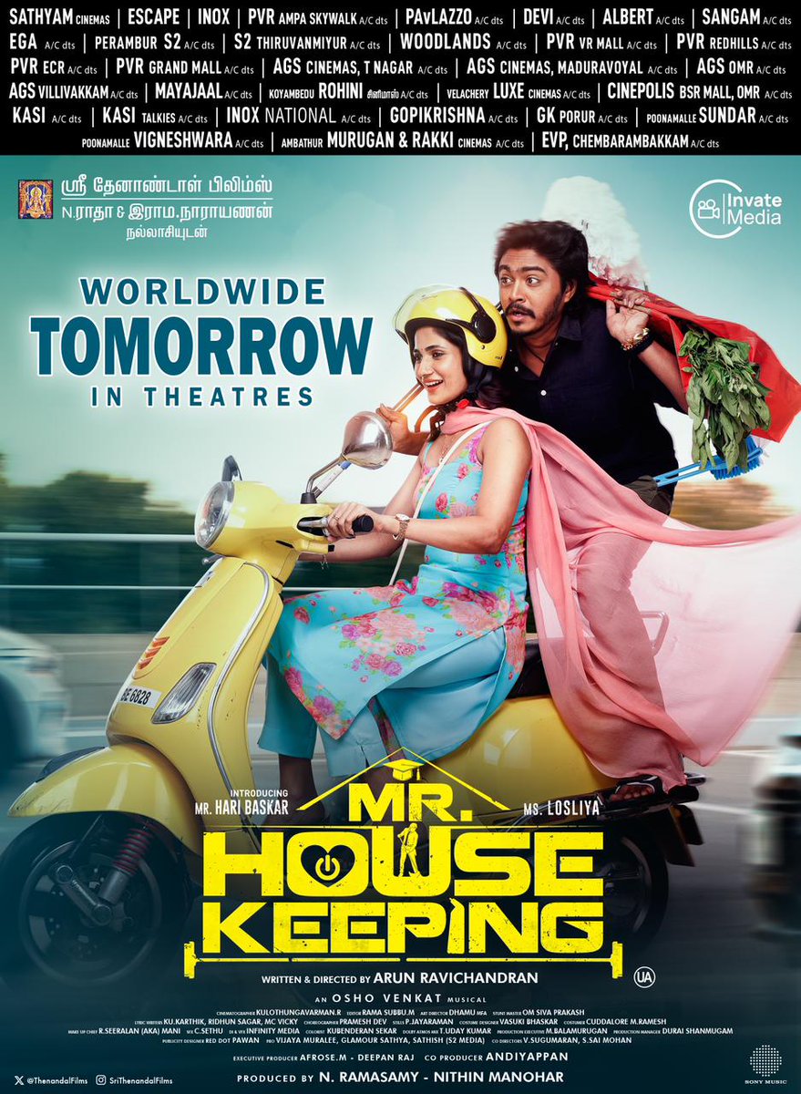 N Vijayamuralee (@vmuralee31) on Twitter photo #Mrhousekeeping From Tomorrow in Worldwide Cinemas
Book Your Tickets Now
<a href="/iharibaskar/">Hari Baskar</a> #Losliya
Written & Directed by:
#ArunRavichandran
<a href="/ThenandalFilms/">Thenandal Films</a> <a href="/invatemedia/">InvateMedia</a> <a href="/MuraliRamasamy4/">THENANDAL RAMASAMY</a> #NithinManohar <a href="/Hemarukmani1/">Hema Rukmani</a> <a href="/glamoursathya05/">G5MEDIA</a> <a href="/prosathish/">Sathish</a> #Mrhousekeeping From Tomorrow in Worldwide Cinemas
Book Your Tickets Now
<a href="/iharibaskar/">Hari Baskar</a> #Losliya
Written & Directed by:
#ArunRavichandran
<a href="/ThenandalFilms/">Thenandal Films</a> <a href="/invatemedia/">InvateMedia</a> <a href="/MuraliRamasamy4/">THENANDAL RAMASAMY</a> #NithinManohar <a href="/Hemarukmani1/">Hema Rukmani</a> <a href="/glamoursathya05/">G5MEDIA</a> <a href="/prosathish/">Sathish</a>