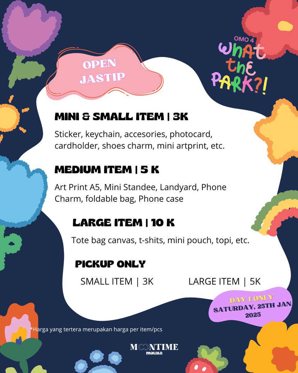 moontimemolala_'s tweet photo. 📢 Open Jastip for OMO market Vol. 4 What the Park?!

🗓️ day 1 - 25 January 2025
💸 fee &amp; tnc on pic
🛒 order by DM 
📦 Check out Via Shopee only
🚛 shipping from Tangerang Selatan

Yg mau beli barang-barang inceran di OMO market dan gamau ribet antri2, langsung aja titip di kita https://t.co/QdM21MGAMr