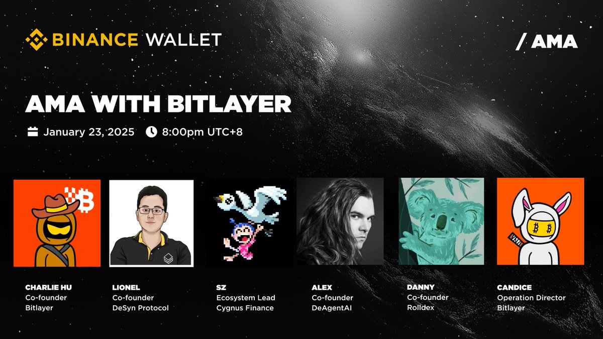 Join our #Binance Wallet X Space to discover the <a href="/BitlayerLabs/">Bitlayer BitVM</a> $BTCFI Carnival!

🗓️ January 23, 2025
⏰ 8 PM UTC+8

Featuring special guests from: <a href="/DesynLab/">DeSyn Protocol</a> , <a href="/CygnusFi/">Cygnus</a> , <a href="/DeAgentAI/">DeAgentAI</a> , and <a href="/Rolldex_io/">RollX中文</a> 

Tune in and drop any questions you have in this thread!