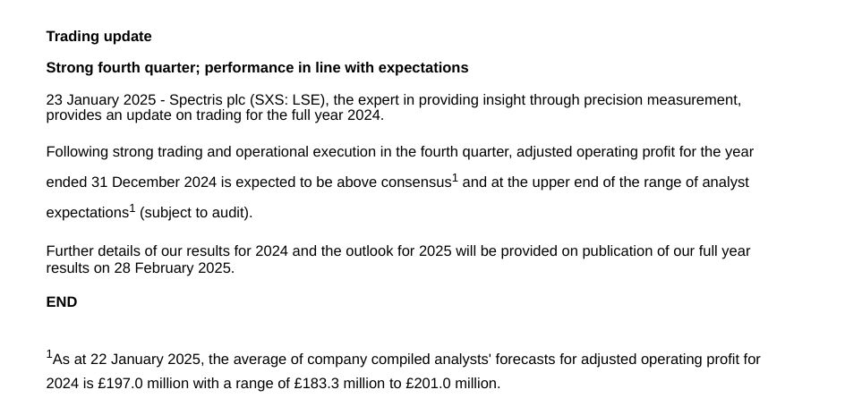 conkers3's tweet photo. #SXS🆙+11%✅£30✅
#Spectris FY24 Trading update: Following strong trading &amp; operational execution in the 4th quarter, adjusted operating profit for the year ended 31/12/24 is expected to be ABOVE consensus1 &amp; at the UPPER end of the range of analyst expectations1✅

📸@smarkus https://t.co/wXXJTPmV4o